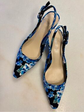 Nine West Blue Floral Pointed Slingback Flats NWOT